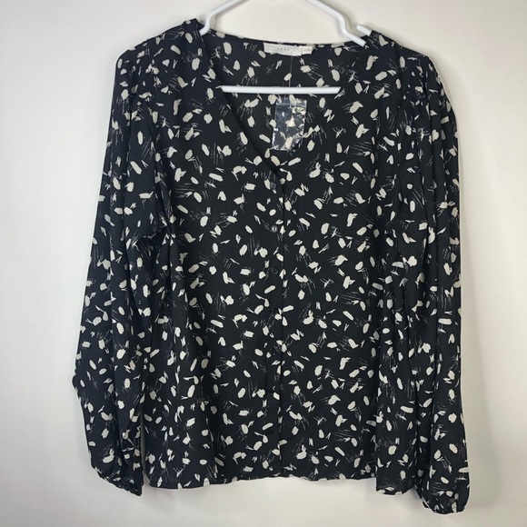 Lush black ivory v-neck button down long sleeve blouse L - Picture 1 of 9